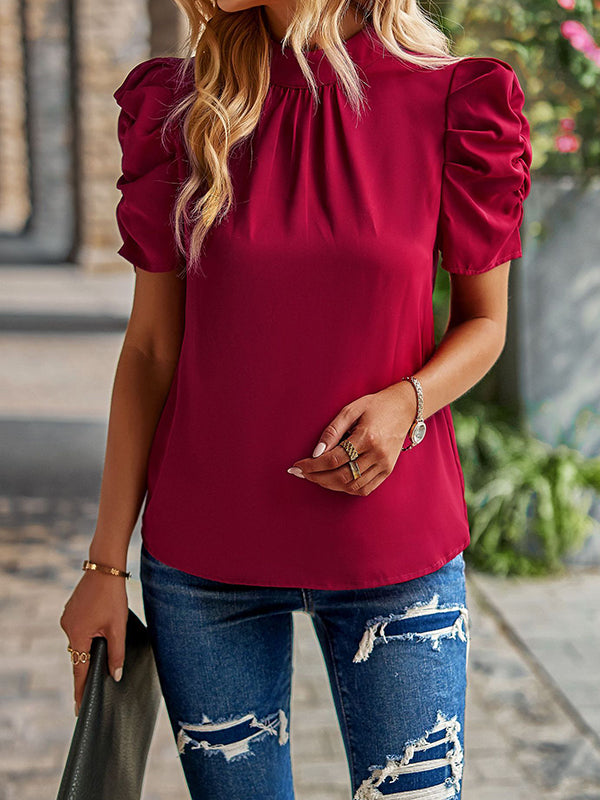 Pleated Solid Color Half Sleeves Loose Mock Neck T-Shirts Tops