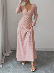 Pleated Solid Color High Waisted Long Sleeves Deep V-Neck Maxi Dresses