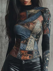 Contrast Color Printed Split-Joint Irregularity Long Sleeves Half Turtleneck Blouses&Shirts Tops