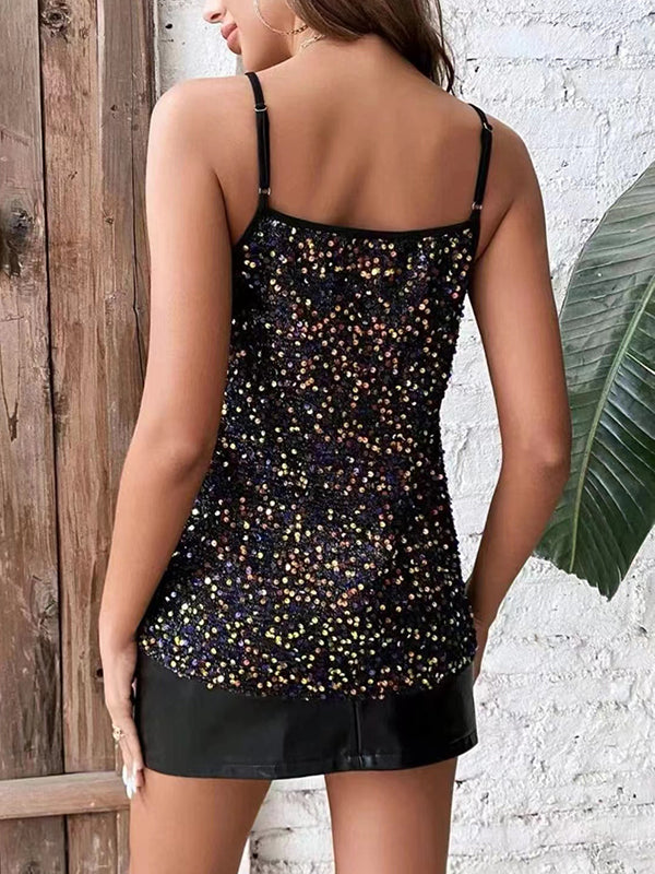 Sequined Loose Sleeveless Deep V-Neck Vest Top