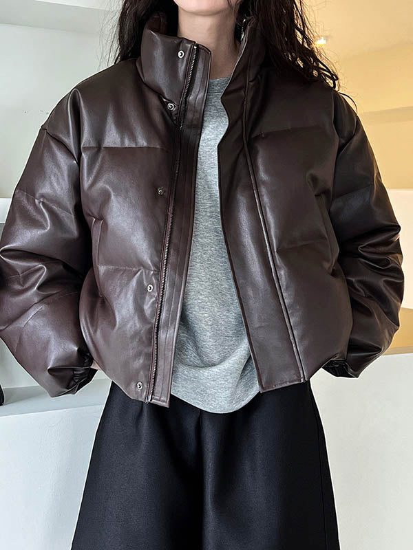 Split-Joint Zipper Loose Puff Sleeves Stand Collar Down Coat