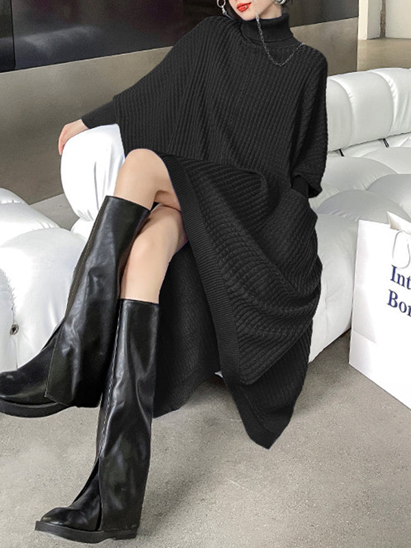 Pockets Solid Color Batwing Sleeves High-Low High-Neck Sweater Dresses Midi Dresses