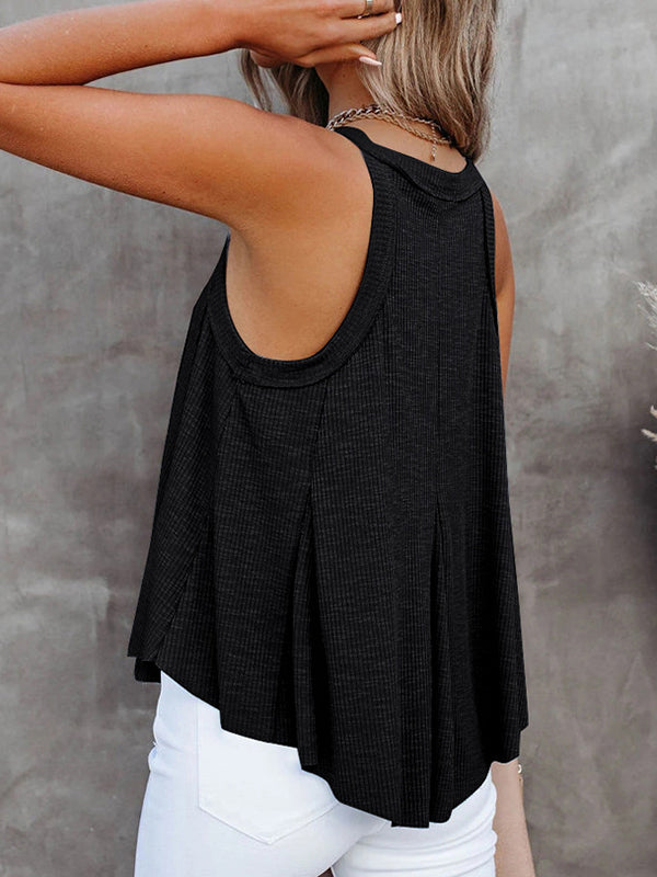 Pleated Solid Color Loose Sleeveless V-Neck Vest Top