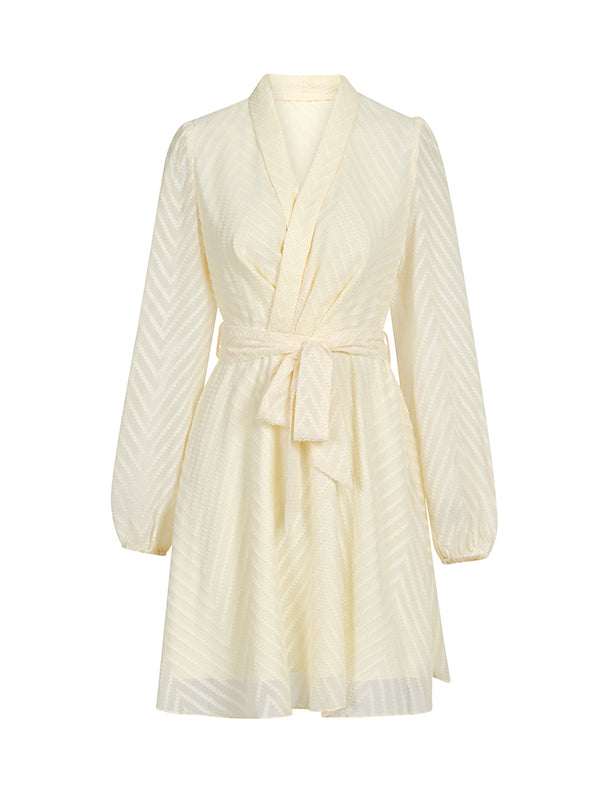 See-Through Solid Color Tied Waist A-Line Long Sleeves V-Neck Mini Dresses