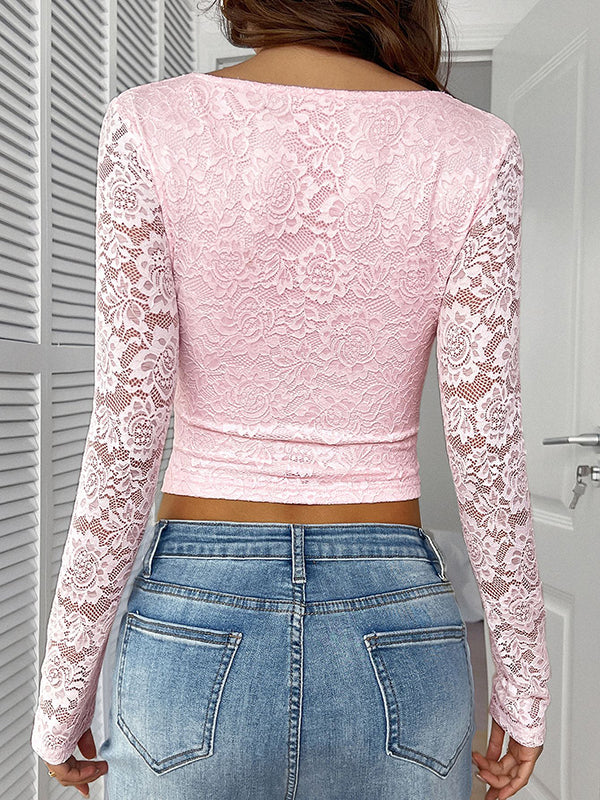 Bow-Embellished Flower Print Hollow See-Through Split-Joint Long Sleeves Skinny Deep V-Neck Blouses&Shirts Tops