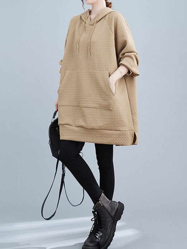 Buttoned Drawstring Pockets Solid Color Split-side High-low Long Sleeves Hooded Hoodies Tops