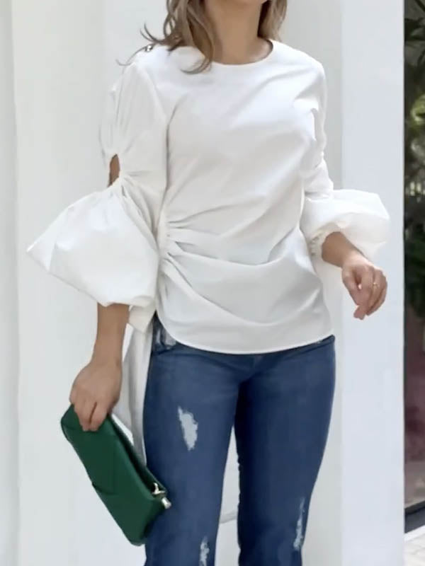 Hollow Solid Color Long Sleeves Puff Sleeves Round-neck T-shirts