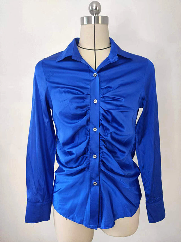 Pleated Solid Color Long Sleeves Lapel Blouses&shirts Tops