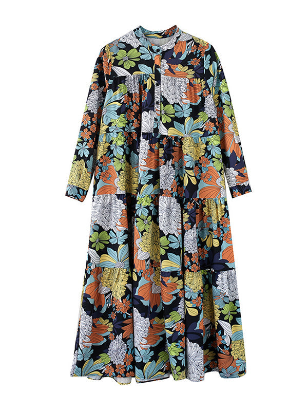 Long Sleeves Loose Floral Printed Round-Neck Midi Dresses