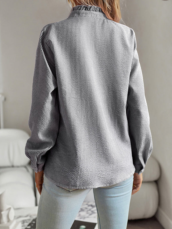 Asymmetric Buttoned Ruffled Striped Long Sleeves Mock Neck Blouses&shirts Tops