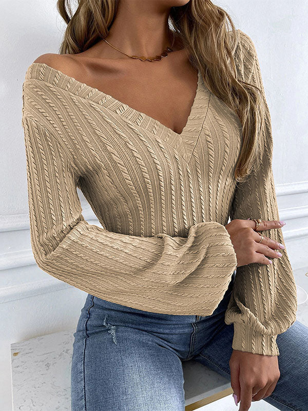 Solid Color Long Sleeves Puff Sleeves V-Neck T-Shirts Tops