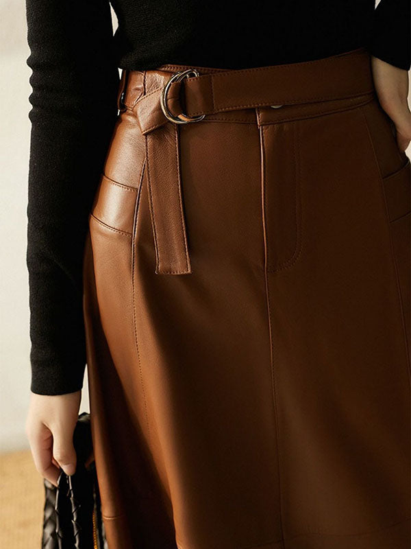 Belted Buttoned Pockets Solid Color Split-Joint Zipper A-line High Waisted Skirts Bottoms