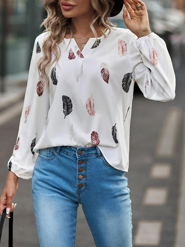 Printed Long Sleeves Loose V-Neck Blouses&Shirts Tops