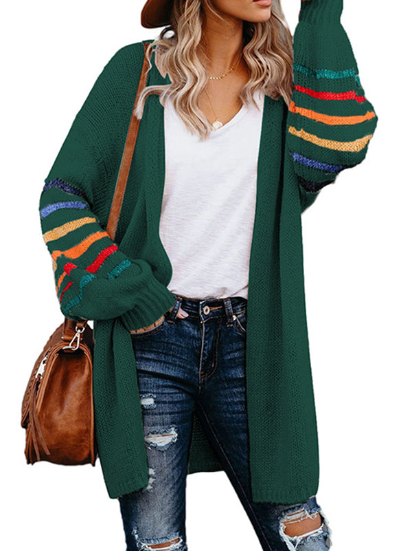 Colorful Contrast Color Striped Long Sleeves Loose Collarless Cardigan Tops