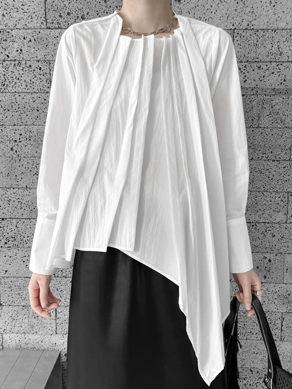 Asymmetric Pleated Solid Color Hipster Irregularity Round-Neck Blouses&Shirts Tops