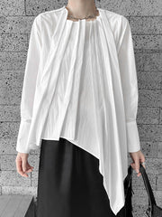 Asymmetric Pleated Solid Color Hipster Irregularity Round-Neck Blouses&Shirts Tops