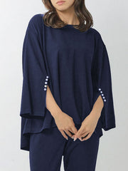 Round-Neck Batwing Sleeves High-Low Beaded Shirts Top + Elasticity Pleated Pants Bottom Two Pieces Set