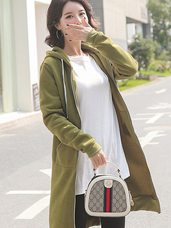 4Colors Drawstring Hooded Split-Joint Pocket Solid Color Zipper Outerwear