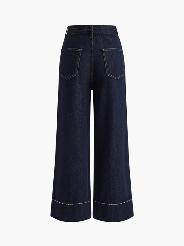 Pockets High Waisted Wide Leg Jean Pants Bottoms