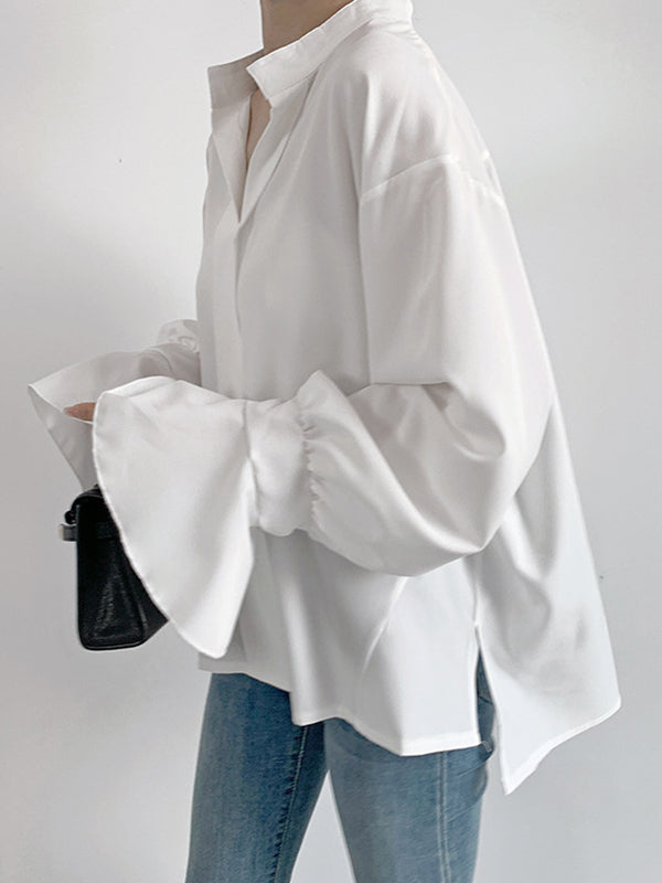 Solid Color Flared Sleeves High-low V-neck Blouses&shirts Tops
