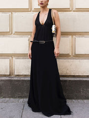 Loose Sleeveless Belted See-Through Solid Color Halter-Neck Maxi Dresses