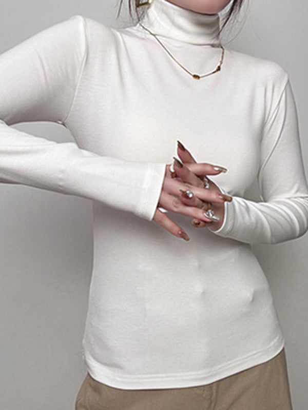 Solid Color Long Sleeves Skinny High Neck T-Shirts Tops