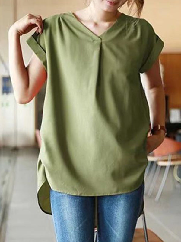 Back Pleated Solid Color Loose Short Sleeves Round-Neck T-Shirts Tops