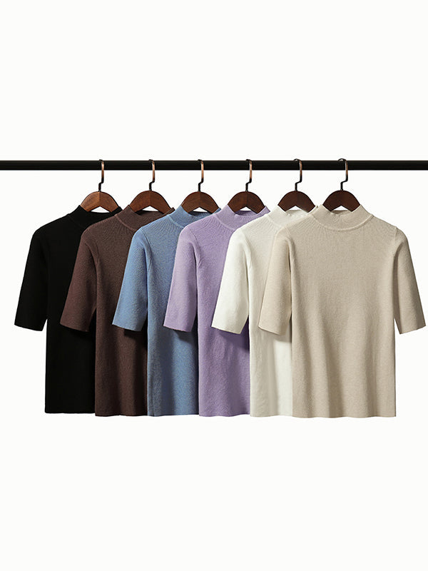 15 Colors Knitting Solid Color High-Neck Short Sleeves Pullover