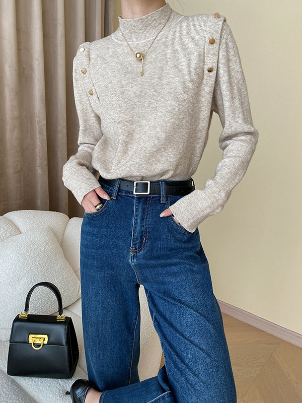 Buttoned Split-Joint Long Sleeves High-Neck Sweater Tops