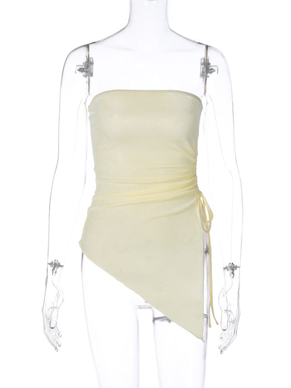 Asymmetric Drawstring See-Through Solid Color Split-Side Irregular Clipping Skinny Tube Vest Top