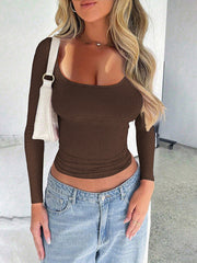 Solid Color Long Sleeves Skinny U-neck T-Shirts Tops