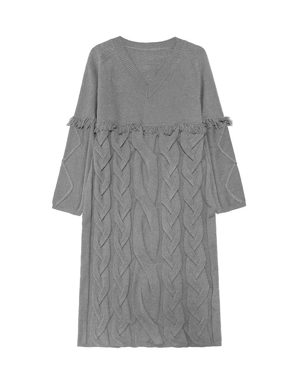 Solid Color Split-Joint Tasseled Long Sleeves Loose V-neck Sweater Dresses Midi Dresses