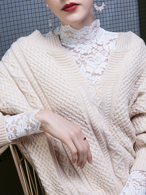 Gauze See-Through Split-Joint Long Sleeves Plus Size High Neck T-shirts