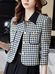 Buttoned Houndstooth Pockets Split-Joint Long Sleeves Plus Size Lapel Outerwear