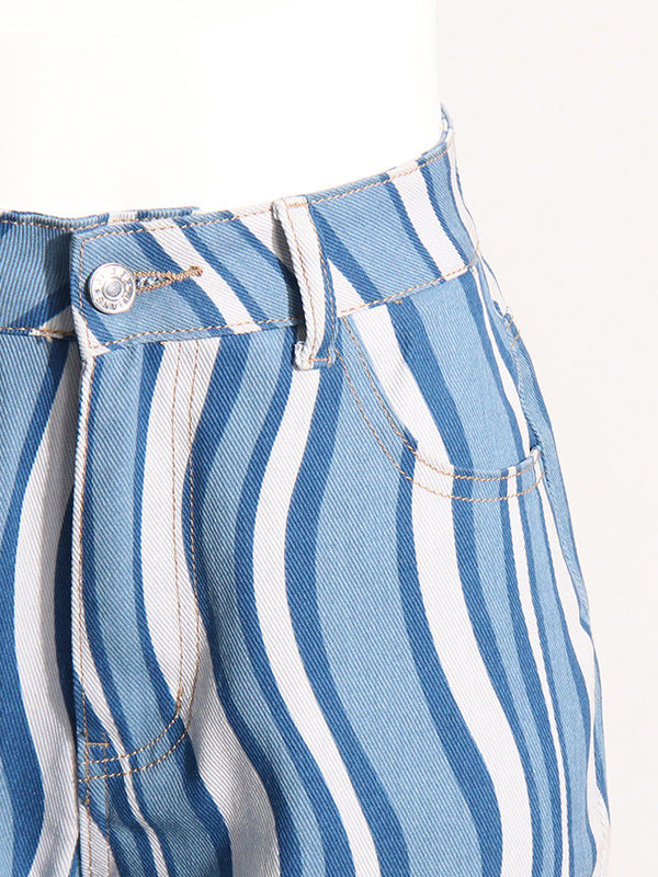 Split-Joint Striped Patterns High Waisted Loose Jean Pants Bottoms