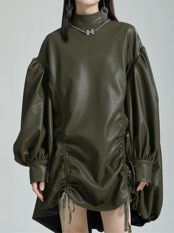 Drawstring Pleated Solid Color High-Low Long Sleeves Stand Collar Mini Dresses