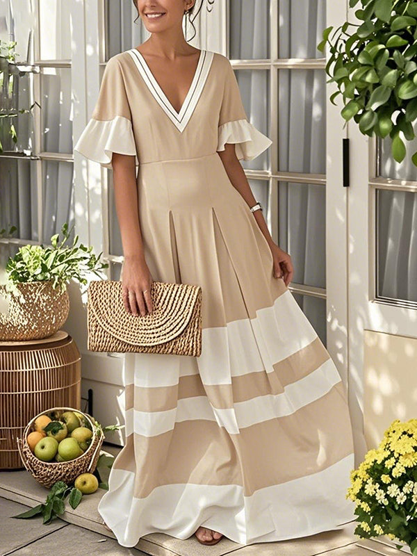 Contrast Color Pleated A-Line Flared Sleeves V-Neck Maxi Dresses