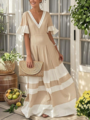 Contrast Color Pleated A-Line Flared Sleeves V-Neck Maxi Dresses