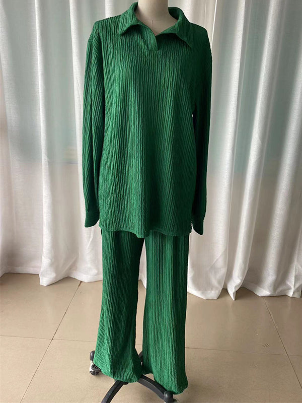 Lapel Pleated Solid Color High-Low Long Sleeves Split-Side Shirts Top + Pants Bottom Two Pieces Set