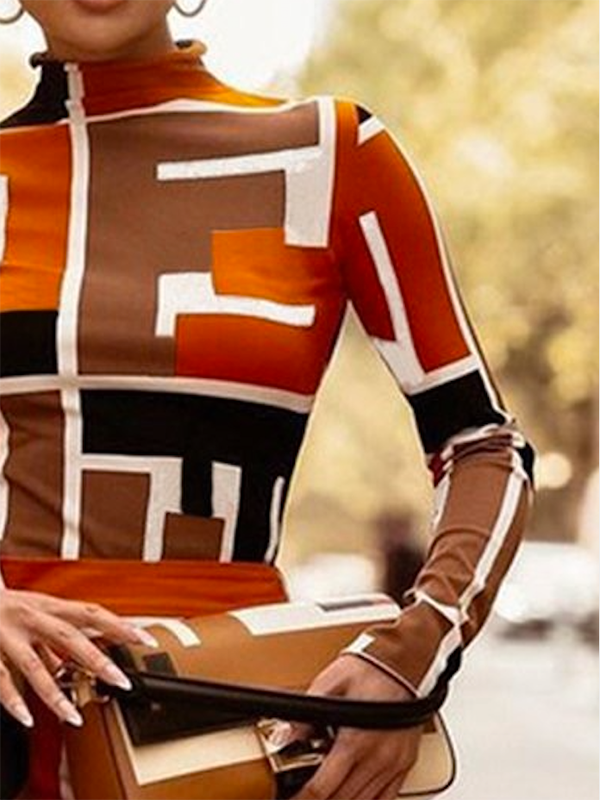 Geometric Printed Long Sleeves Skinny High Neck T-Shirts Tops