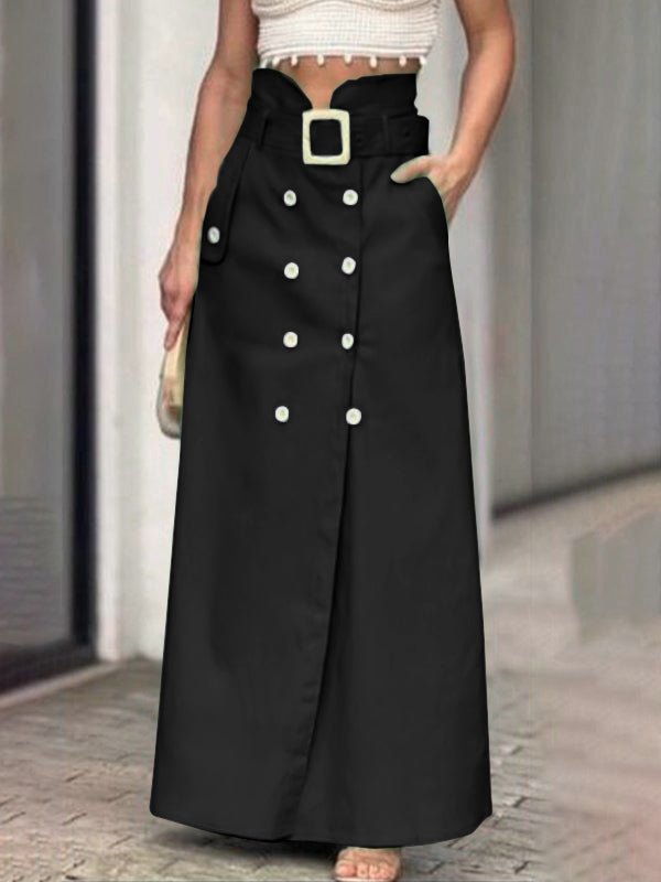 Belted Buttoned Pockets Split-Front High Waisted Loose Skirts Bottoms