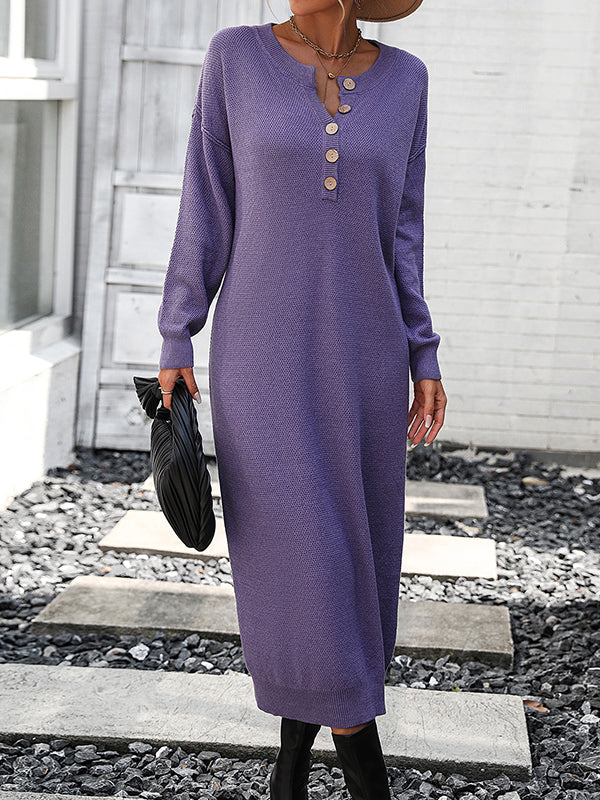 Buttoned Split-Joint Long Sleeves Loose Round-Neck Sweater Dresses Midi Dresses
