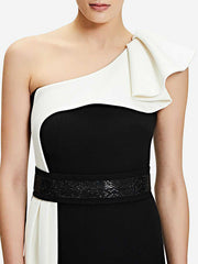 Contrast Color Split-Joint High Waisted Wide Leg One-shoulder Jumpsuits