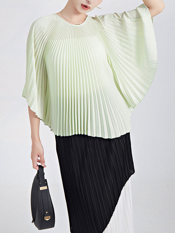 Pleated Solid Color Batwing Sleeves Loose Round-Neck T-Shirts Tops