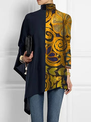 Long Sleeves Loose Asymmetric Contrast Color Printed Mock Neck T-Shirts Tops