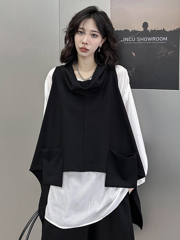Pockets Solid Color Irregularity Loose Heaps Collar Vest Top T-Shirts