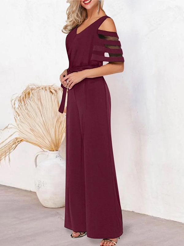 Hollow Mesh Solid Color Tied Waist High Waisted Loose V-Neck Jumpsuits