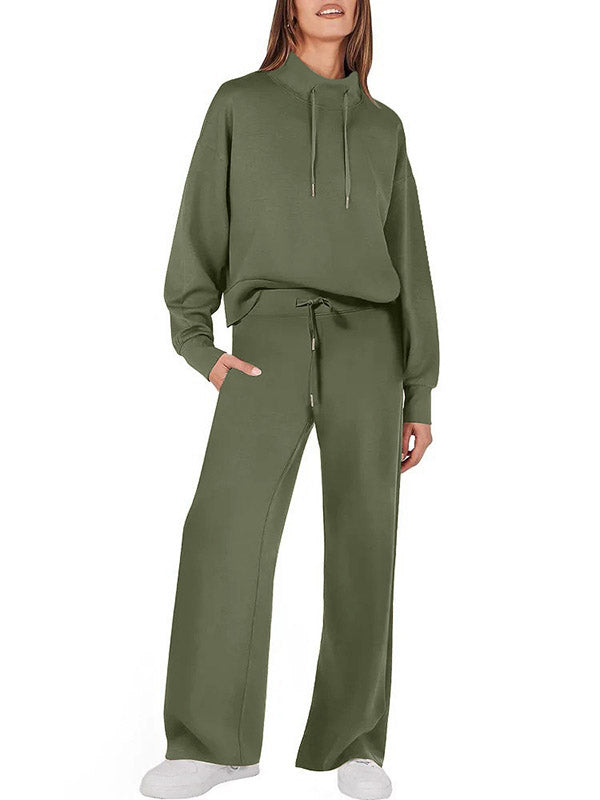 Drawstring Split-Joint High Waisted Long Sleeves Sweatshirt + Pants/Trousers Two Pieces Set