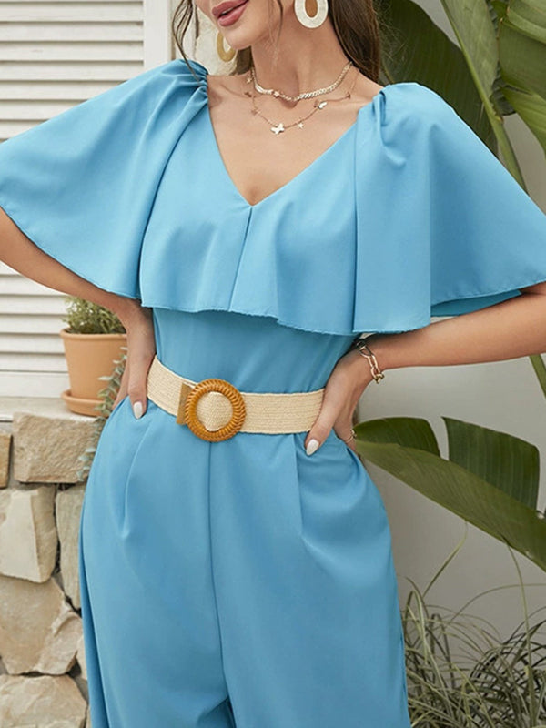 Solid Color Split-Joint High Waisted Ruffle Sleeves V-Neck Jumpsuits