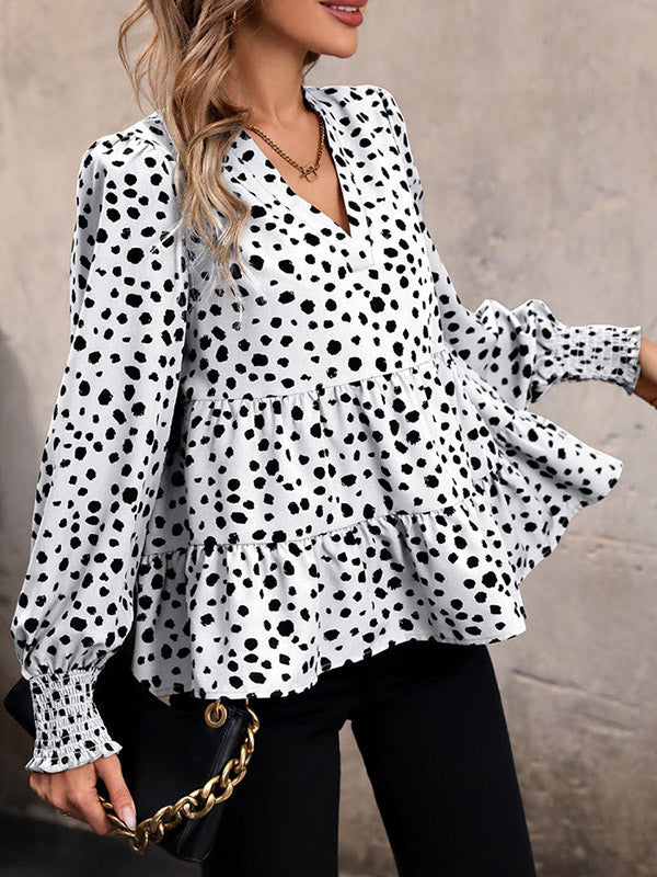 Elasticity Polka-Dot Split-Joint Long Sleeves Loose V-Neck Blouses&Shirts Tops
